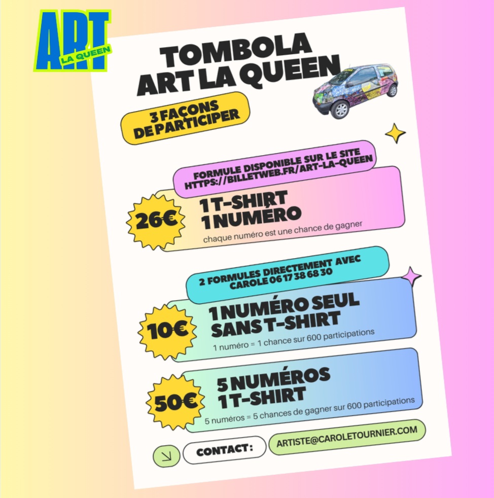 les 3 formules possibles pour participer a la tombola art la queen. de 10 à 50 euros.