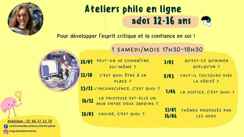 Ateliers philo en ligne adolescents 12 à 16 ans (samedi)